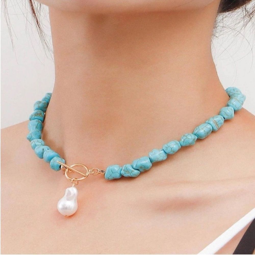 Free People Turquoise Bead Necklace with Pearl Drop